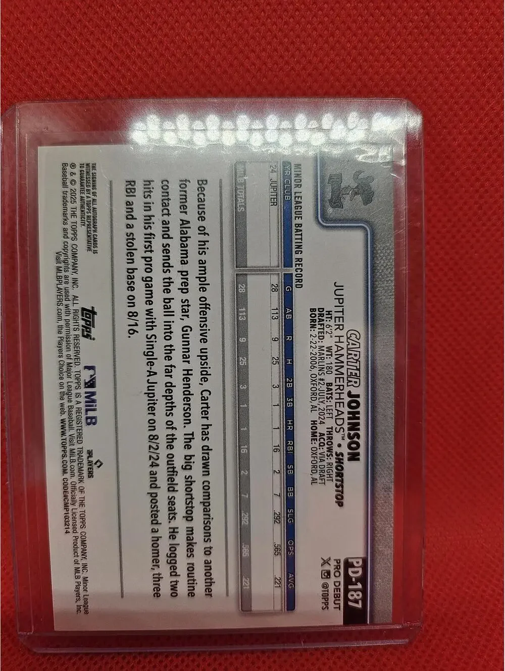 Carter Johnson [Autograph] #PD-187 - 2025 Topps Pro Debut - RAW Mint